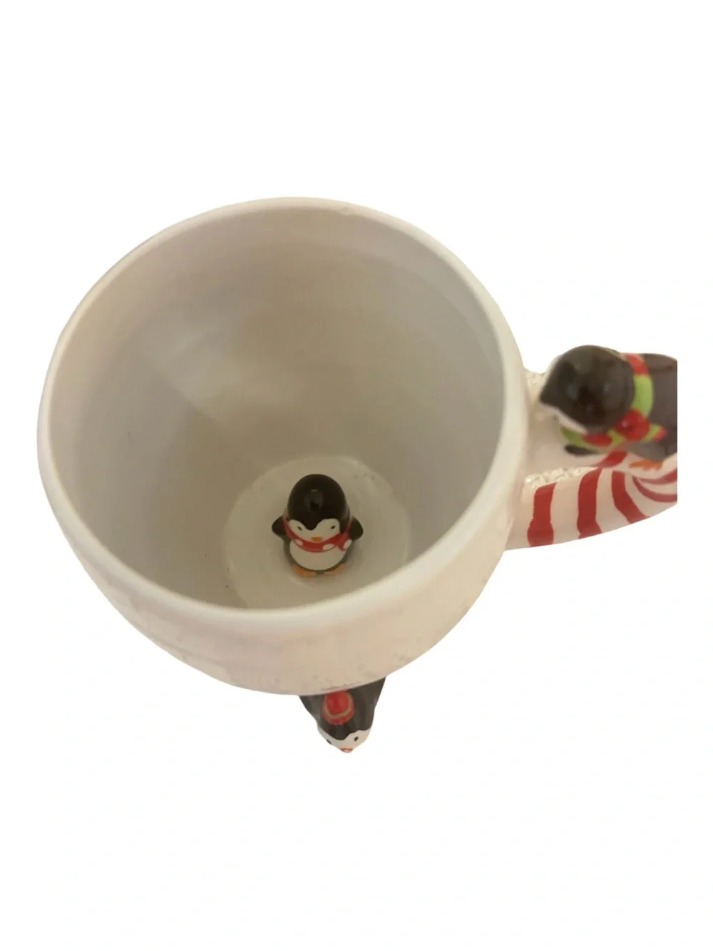 Pier 1 White Ceramic mug with Penguins and Red-Striped Handle- great condition